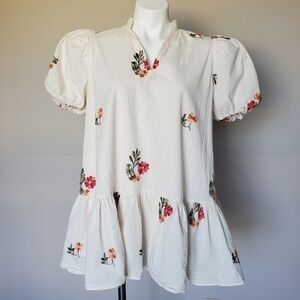 ChouChou Embroidered Cottagecore Grannycore Tunic Top Puff Sleeve Mini Dress